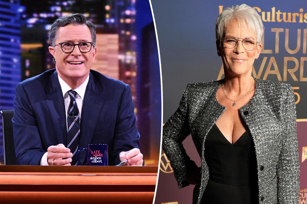 Jamie Lee Curtis responds to the cancellation of 'The Late Show' before her interview with Stephen Colbert.