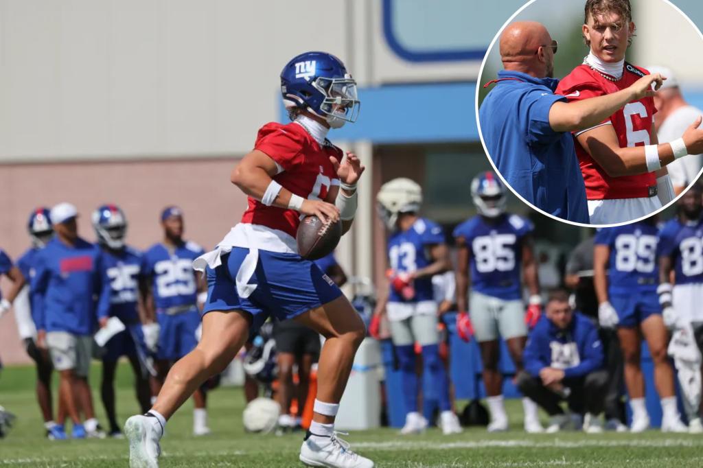 Jaxson Dart's initial throw at Giants training camp went poorly.