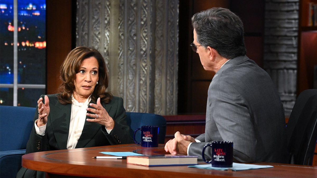 Kamala Harris avoids answering Colbert's question about the leader of the Democratic Party