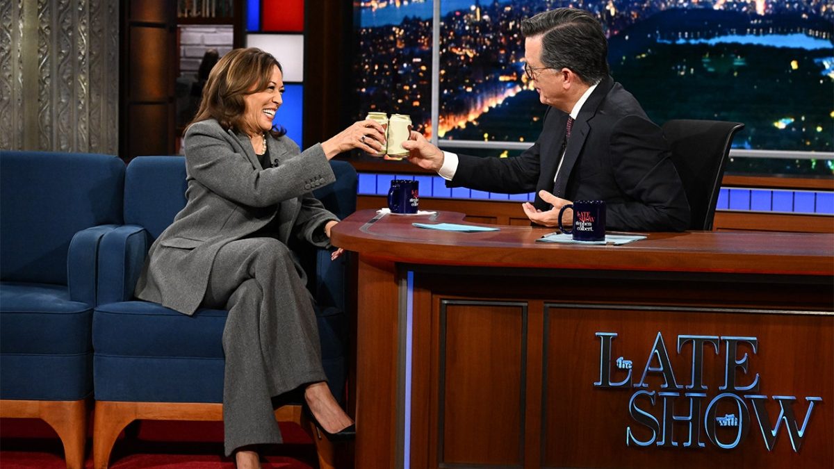 Kamala Harris will speak with late night host Stephen Colbert.