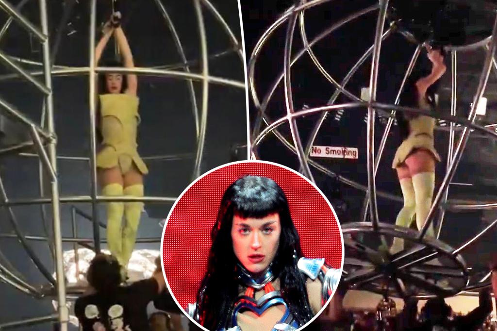 Katy Perry almost tumbles from a floating sphere during her concert