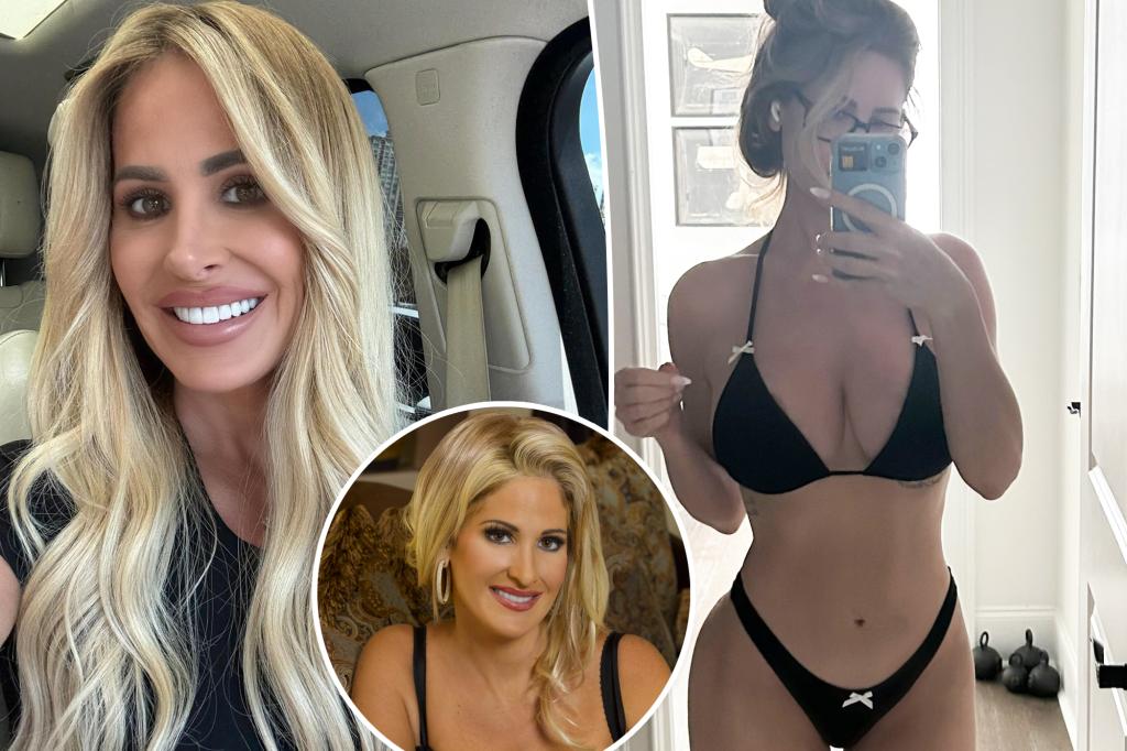 Kim Zolciak shows off her figure in a small bikini after disclosing all the cosmetic surgeries she's undergone.