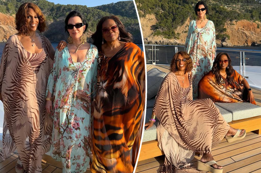 Kris Jenner, Oprah, and Gayle King showcase Skims x Roberto Cavalli caftans on a yacht