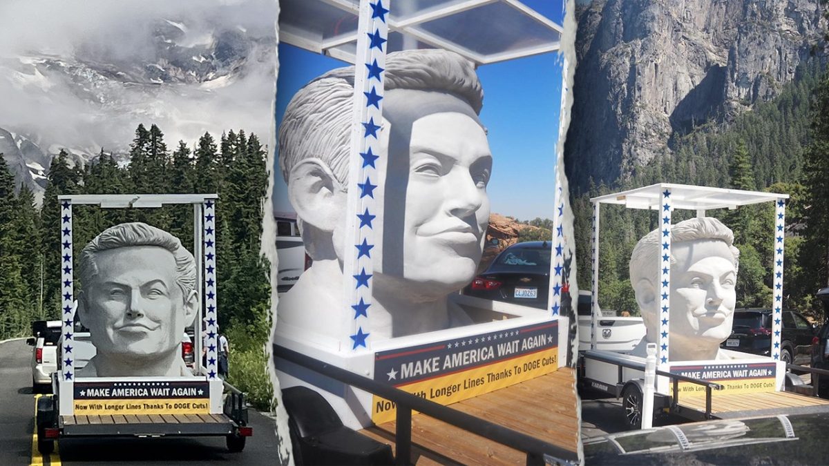 Large Elon Musk heads visit national parks with 'Make America Wait Again' message