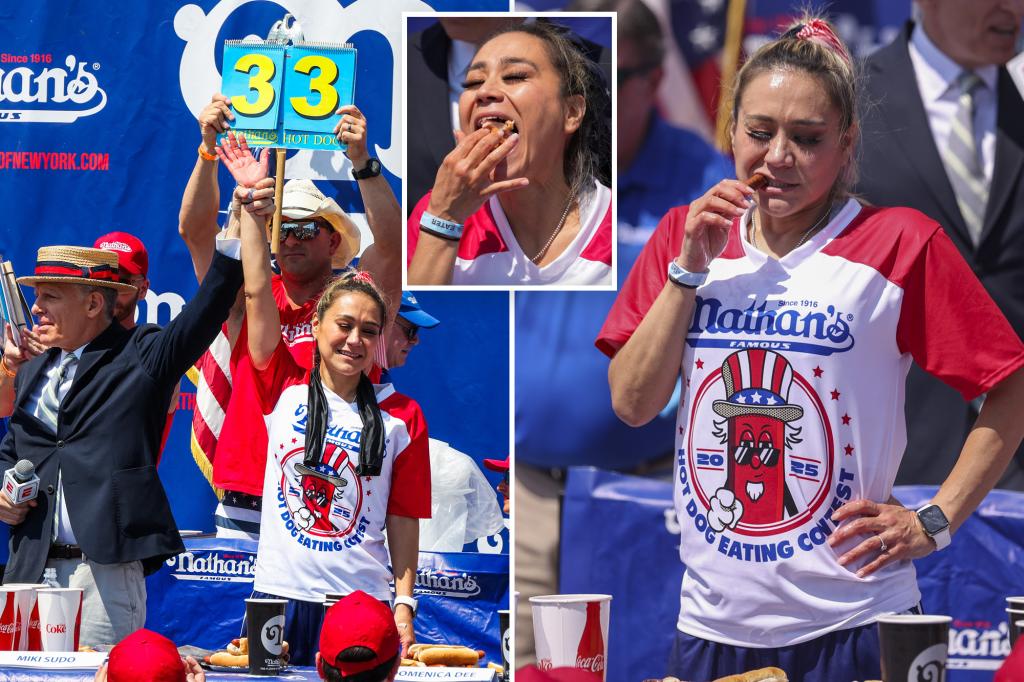 Miki Sudo takes home her 11th pink belt at the Hot Dog Eating Contest
