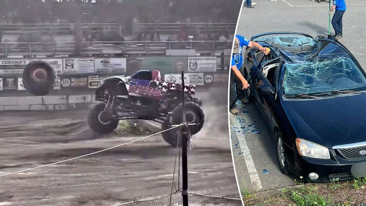 Monster truck event goes wrong as wayward wheel crushes parked car