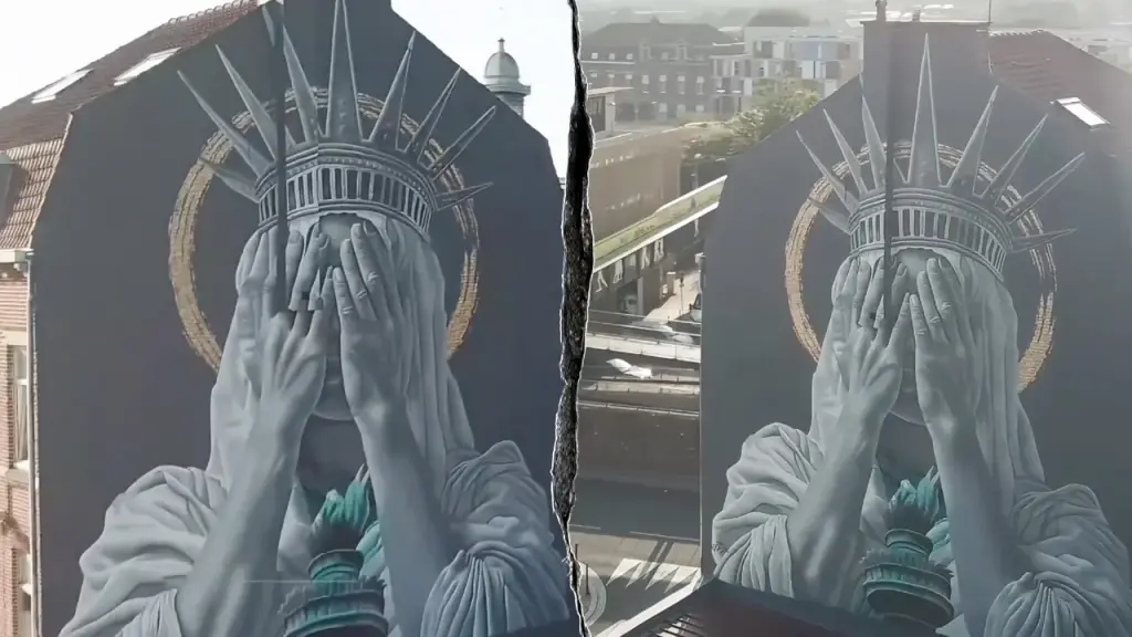 Mural of the Statue of Liberty with a covered face sparks disagreement among social media users about immigration