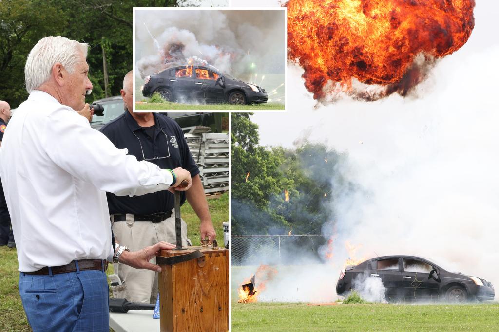 Nassau officials explode a car, a mailbox, and a whole chicken in a dramatic fireworks warning.