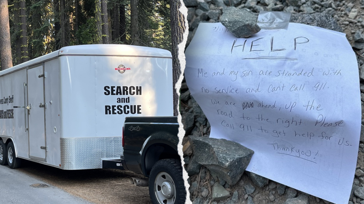 Notes written by hand guide rescuers to a mother and her son stranded in a secluded forest.
