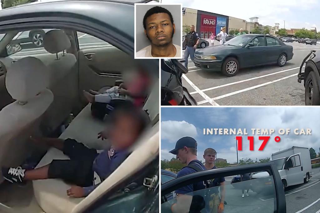 Police officers force their way into a car to rescue two crying children in the heat.