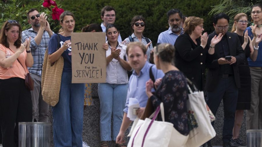 Senate Democrats unite with dismissed State Department workers to protest job cuts