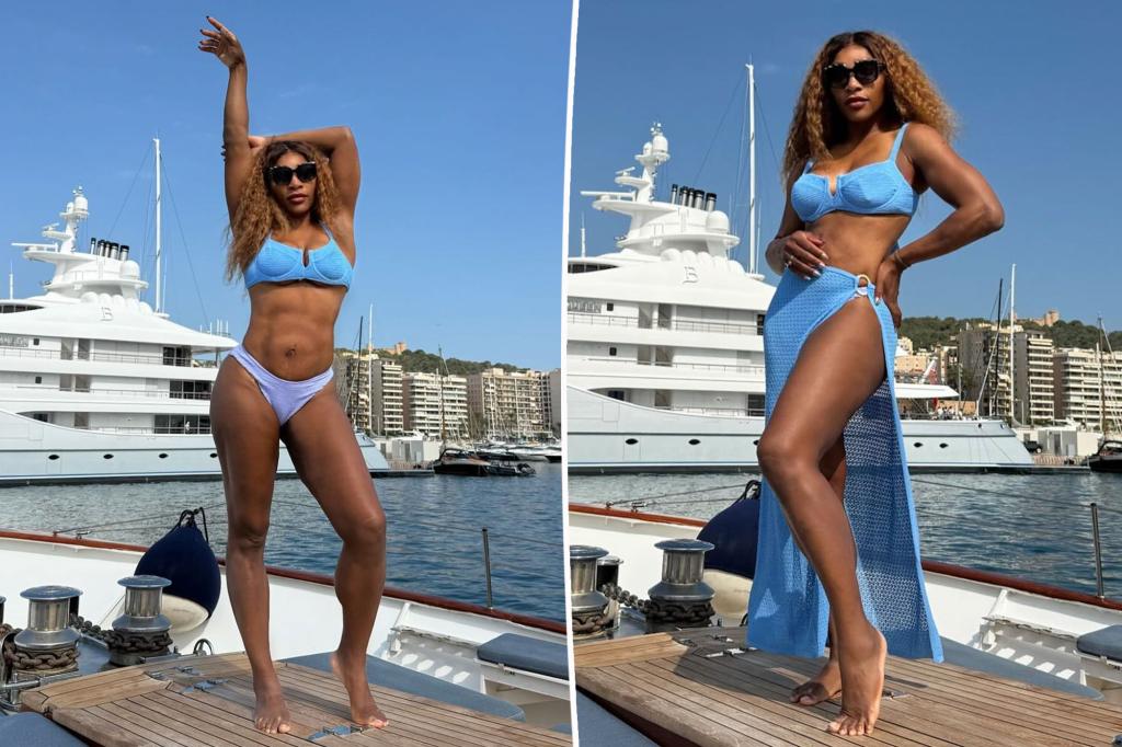 Serena Williams showcases her fit legs and defined abs in a bikini on a yacht with friends.