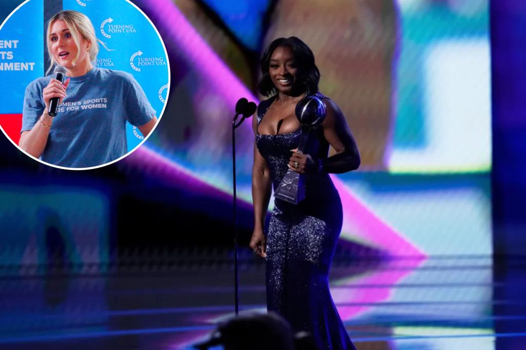 Simone Biles suggests a conflict with Riley Gaines regarding transgender issues at the ESPYs.