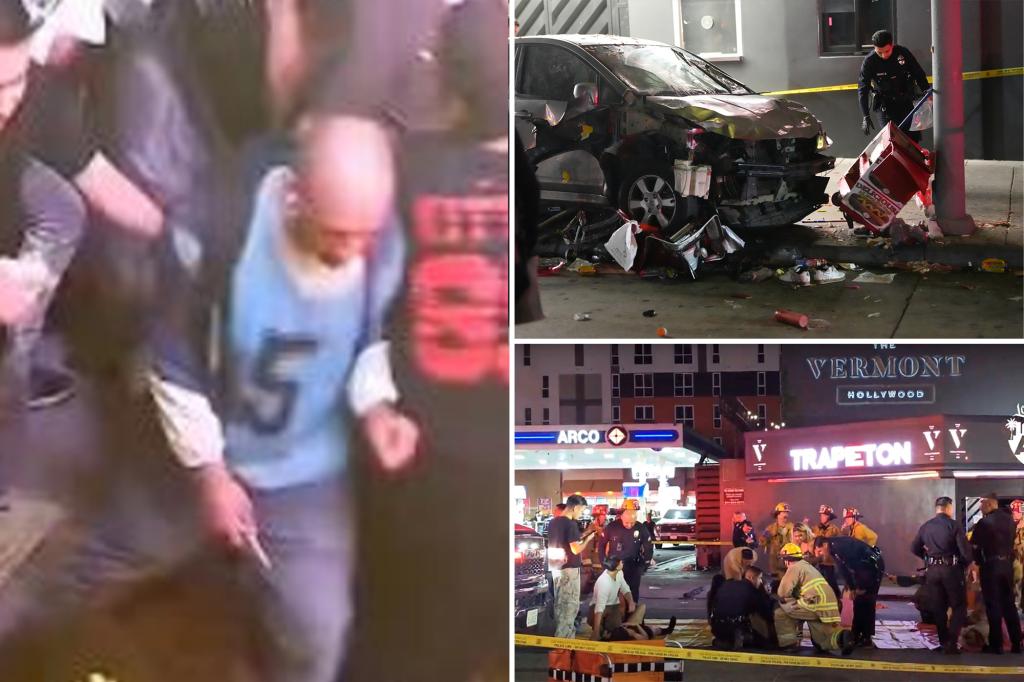 Suspect charged with driving a car into a crowd in LA and injuring 36 had over 11 criminal cases and was on parole, according to police.