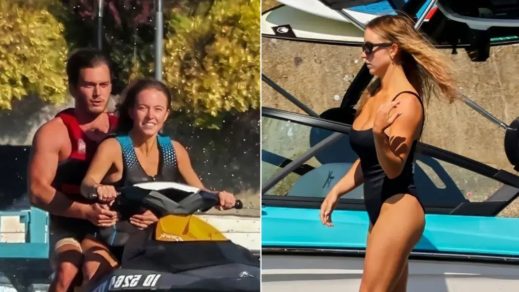 Sydney Sweeney rode a jet ski with an unknown man while wearing a black swimsuit on the lake.