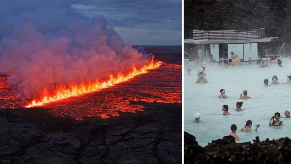 Tourists rush to escape as a volcano erupts close to the popular Blue Lagoon resort in Iceland.