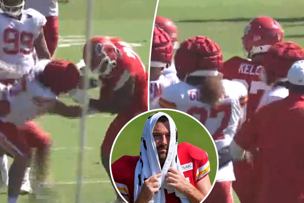 Travis Kelce intervenes to stop a fight during Chiefs training camp