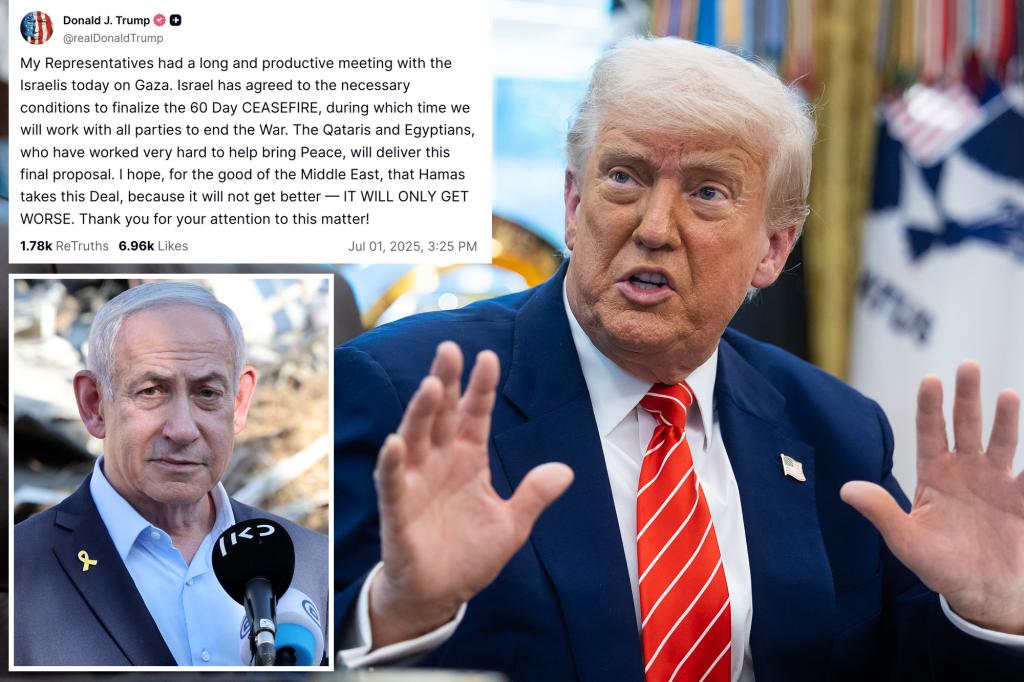 Trump reports that Israel has accepted a 60-day cease-fire as the proposal moves to Hamas.