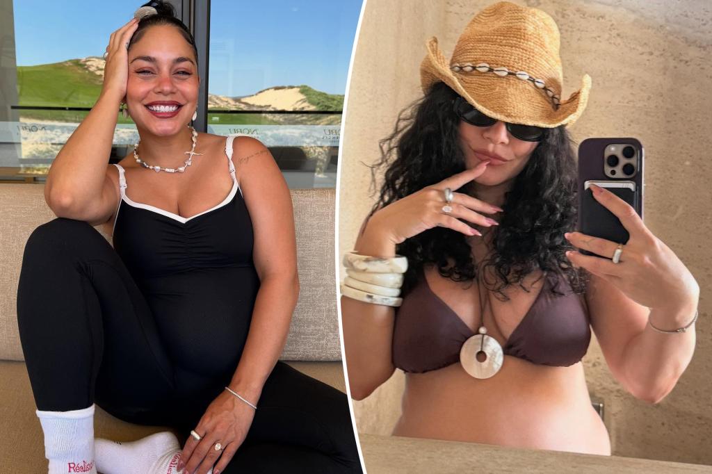 Vanessa Hudgens shows her baby bump in a brown bikini while on vacation.
