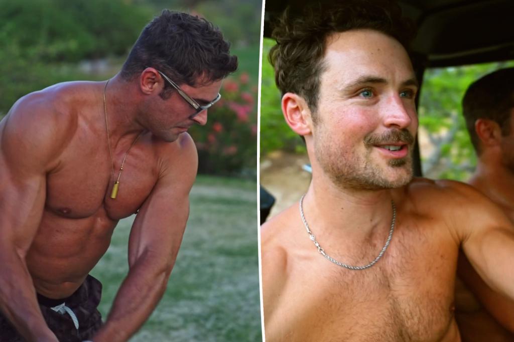 Zac Efron shows off his muscles while golfing with his brother Dylan, without a shirt.