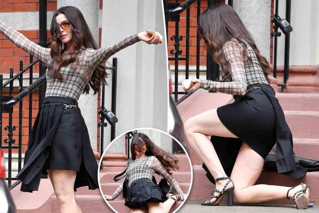 Anne Hathaway trips on a damaged shoe while shooting 'The Devil Wears Prada 2'