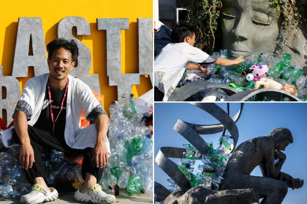 Artist Benjamin Von Wong submerges sculpture in plastic waste at the UN.