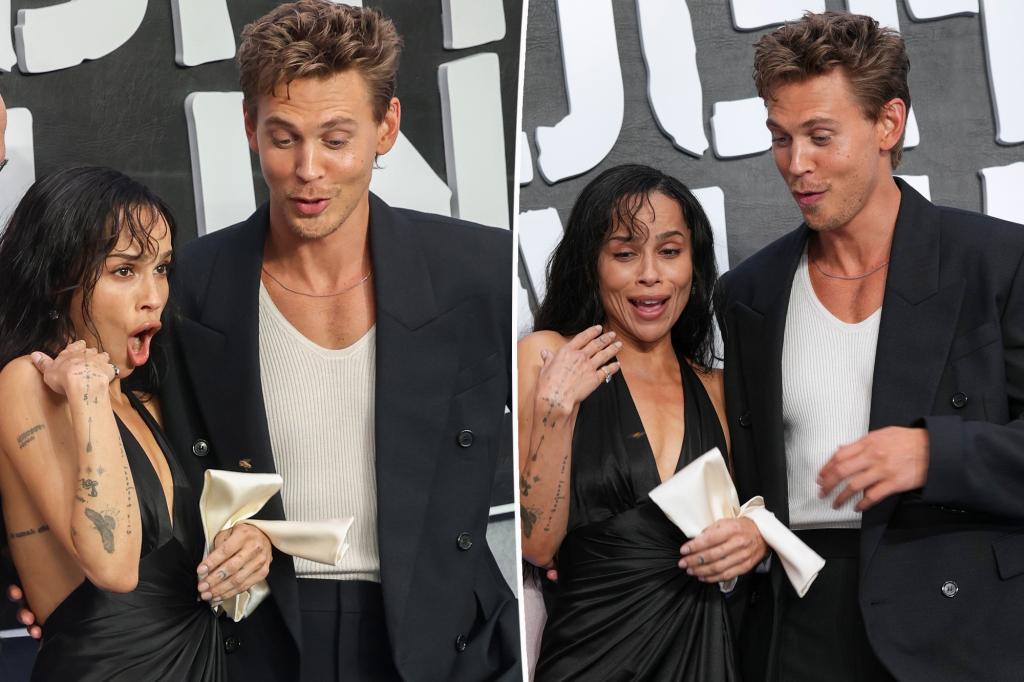 Austin Butler saves Zoë Kravitz from a bee at the 'Caught Stealing' premiere