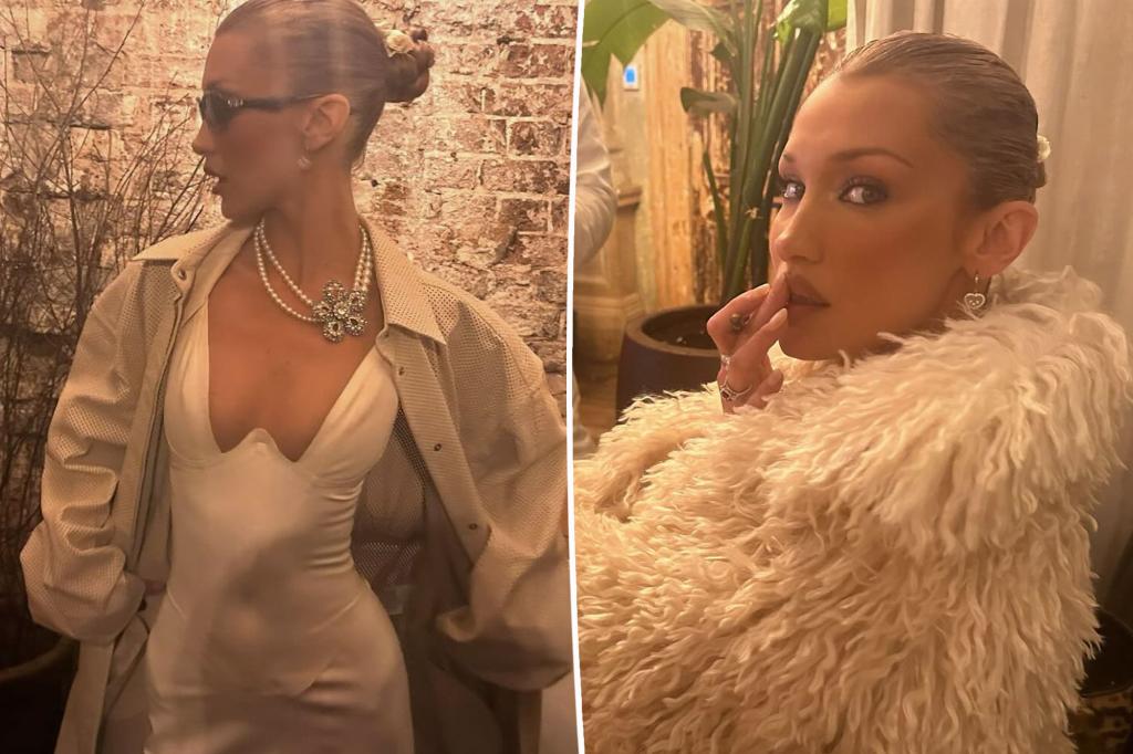 Bella Hadid stuns in a deep neckline silk dress and jewelry in recent photos