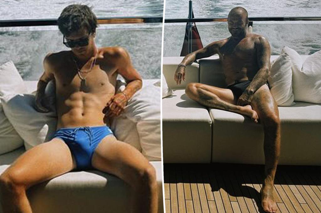 David Beckham and his son Cruz match in Speedos during a yacht holiday