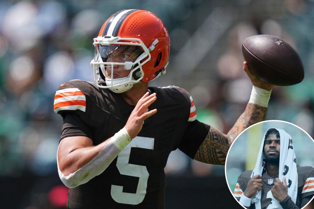 Dillon Gabriel of the Browns throws an interception returned for a touchdown while substituting for Shedeur Sanders.
