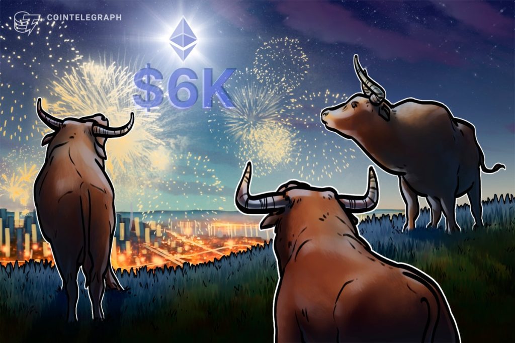 Ether bull flag aims for $6K as ETH available on exchanges drops to 12%