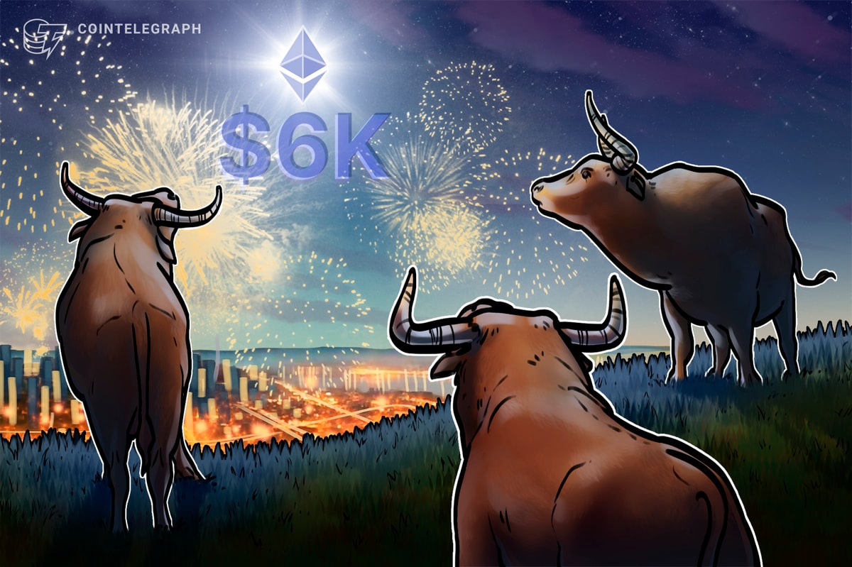 Ether bull flag aims for $6K as ETH available on exchanges drops to 12%