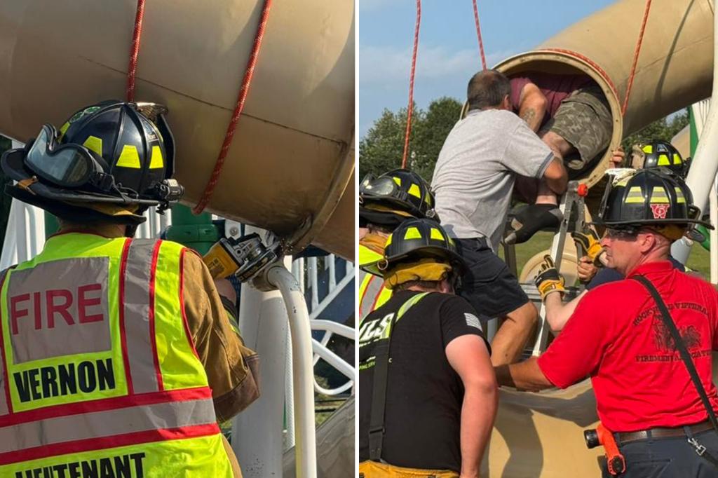 Firefighters in Connecticut cut through playground slide to free 40-year-old man trapped inside.