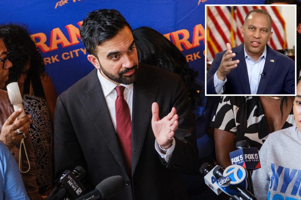 Hakeem Jeffries reacts defensively when questioned about Zohran Mamdani's bid for mayor of New York City.