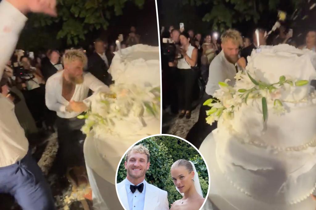 Jake Paul destroys his brother Logan Paul's extravagant wedding cake in strange clip