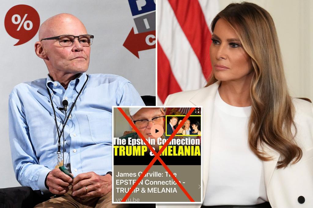 James Carville retracts video implying a link between Melania Trump and Epstein and issues an apology.