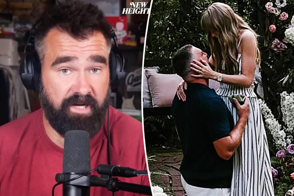 Jason Kelce celebrates Travis and Taylor Swift on their widely recognized engagement.