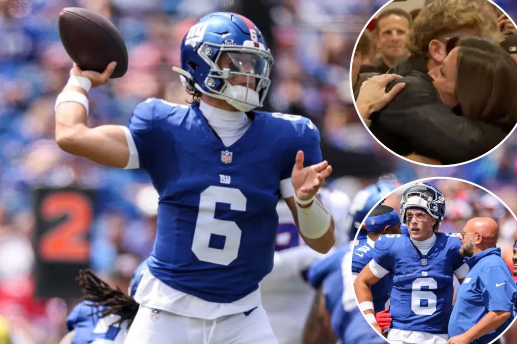 Jaxson Dart of the Giants embraces his mother after an impressive NFL debut