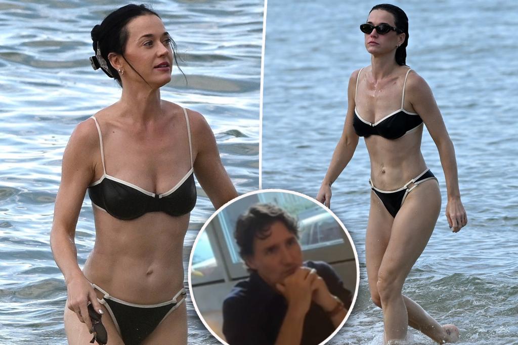 Katy Perry shows off her toned abs in a black bikini