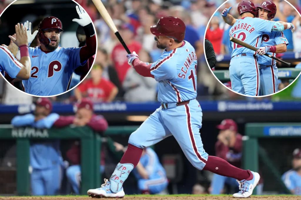 Kyle Schwarber of the Phillies matches a major league record with four home runs in one game
