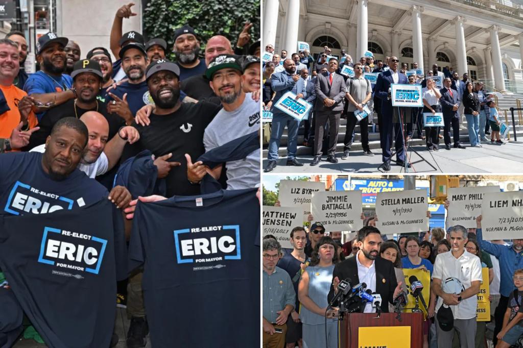 Mayor Adams joins sanitation workers as he criticizes leading election candidate Zohran Mamdani.