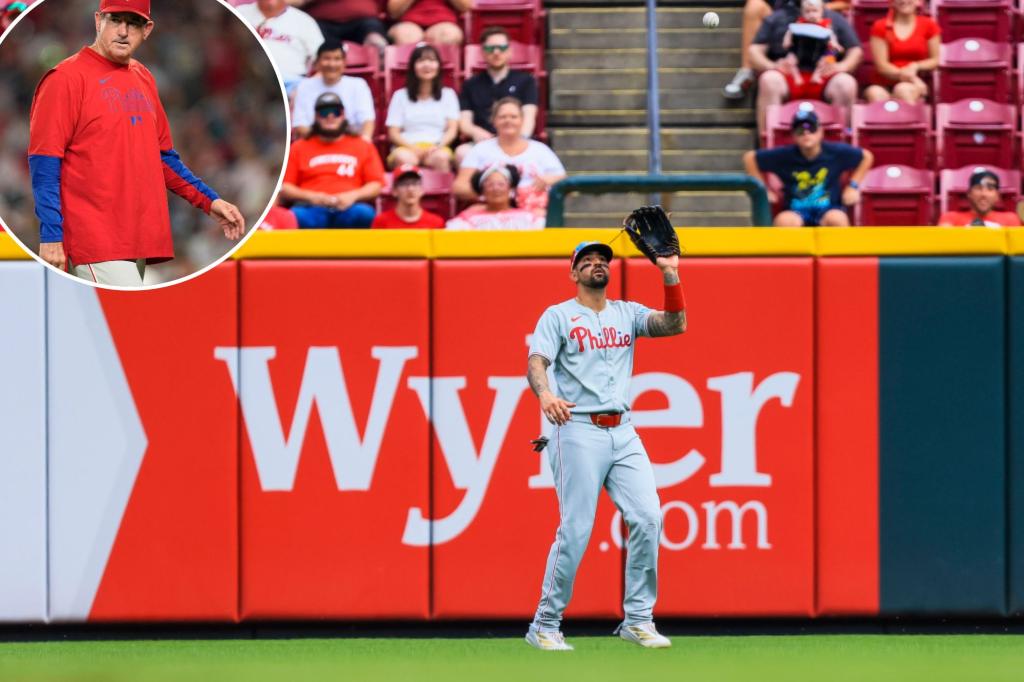 Nick Castellanos of the Phillies unhappy about being taken out for a defensive substitute