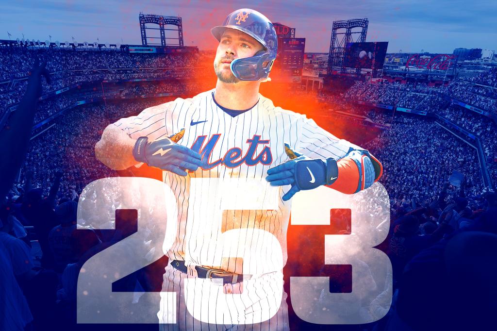 Pete Alonso hits his 253rd career home run, setting a new record for the Mets