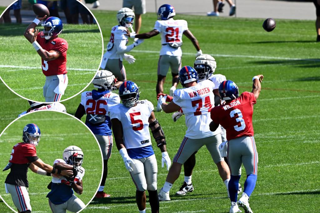 Russell Wilson aids Giants in discovering resilience after a slow beginning to their joint practice