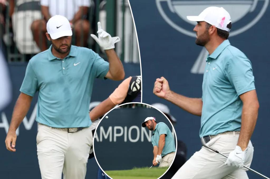 Scottie Scheffler makes an 82-foot chip shot at the BMW Championship