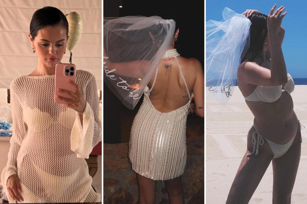 Selena Gomez showcases a variety of bridal white outfits for her bachelorette celebration