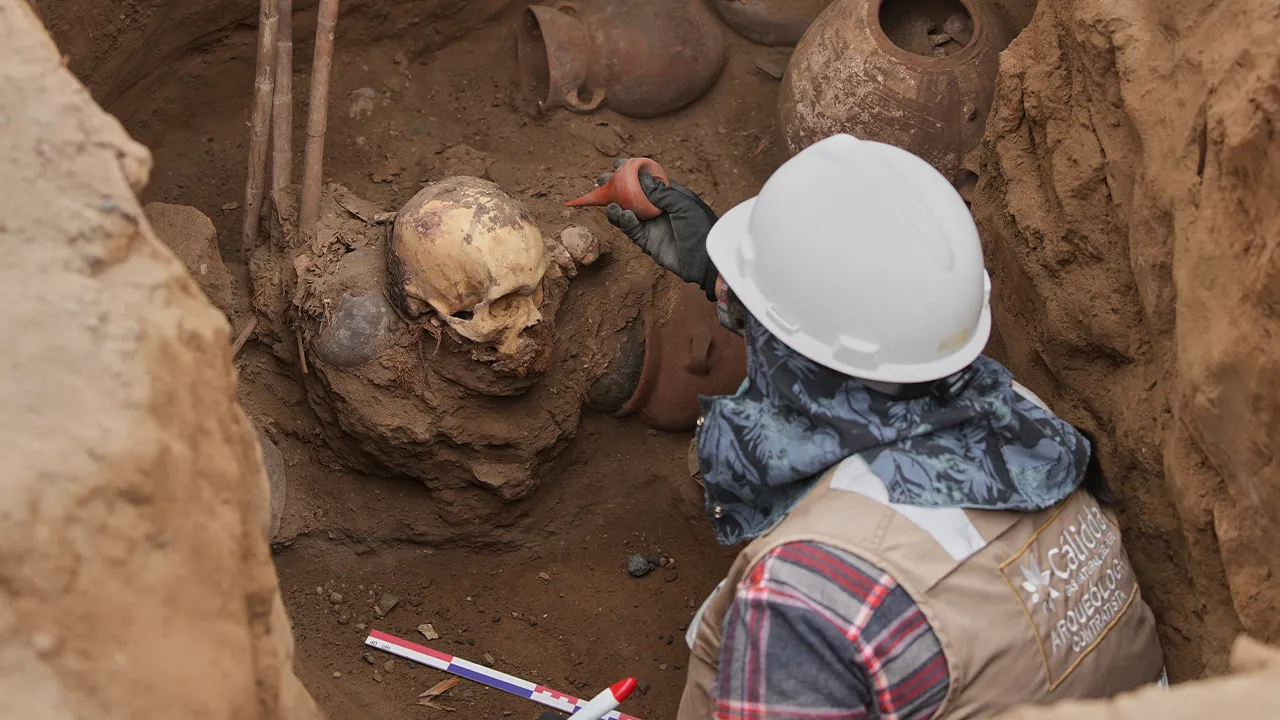 Skeleton from before the Incan era discovered during regular underground utility work in Lima, Peru