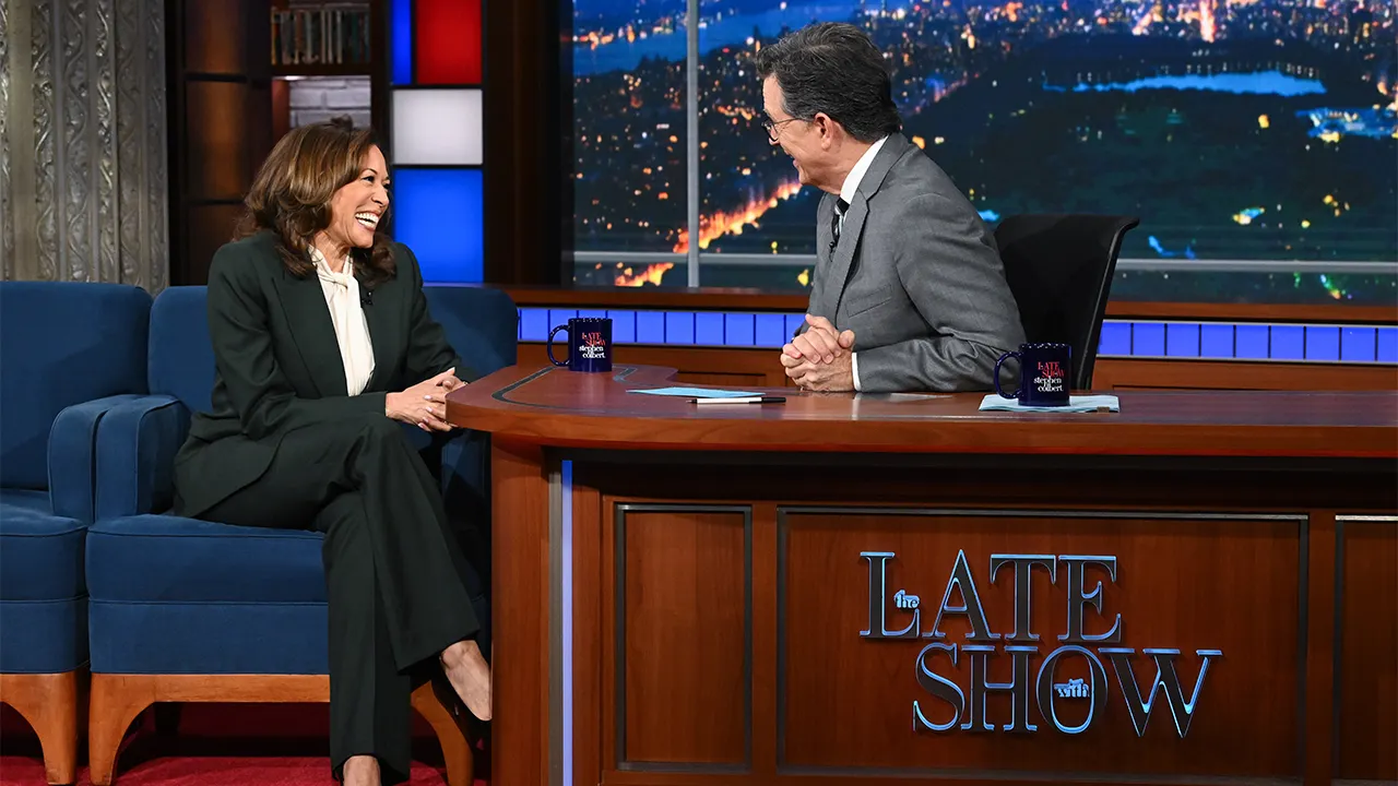 Stephen Colbert avoids challenging issues in easygoing interview with Kamala Harris