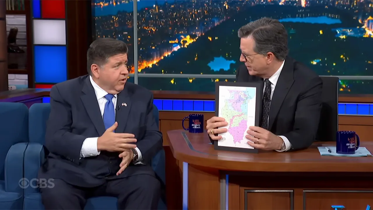 Stephen Colbert presents a map of Illinois gerrymandering to Gov. Pritzker.