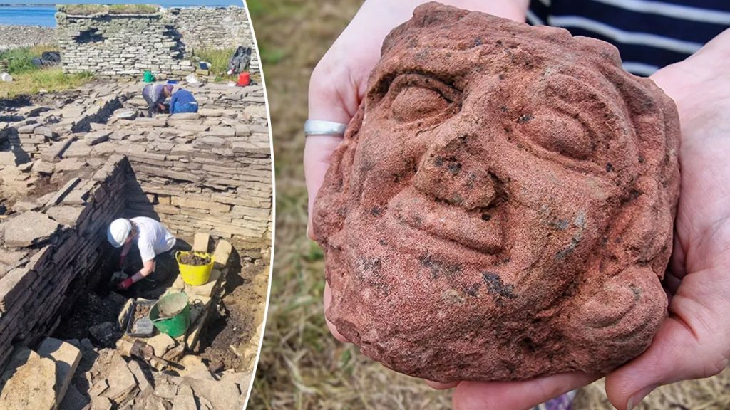 Student finds ancient carved head during excavation on Scottish island.